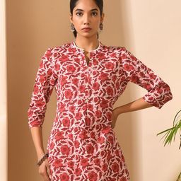 MEESAN Floral Printed Mandarin Collar Roll-Up Sleeves Pure Cotton Kurti-picture-40