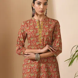 MEESAN Floral Printed Mandarin Collar Pure Cotton Kurti-30