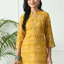 MEESAN Ethnic Motifs Printed Gotta Patti Mandarin Collar Kurti-image-23
