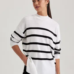 DeFacto Striped High Neck Long Sleeves Pure Acrylic Longline Pullover Sweater-17