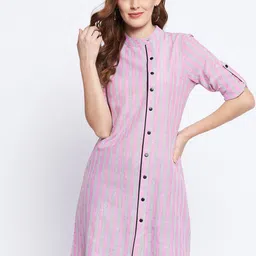 Ruhaans Pink & Grey Mandarin Collar Striped Tunic-image-90