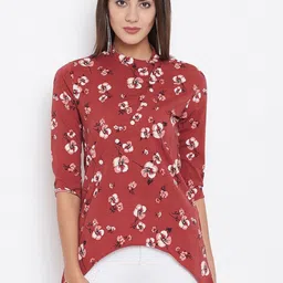 Ruhaans Rust & White Mandarin Collar Floral Printed Tunic-image-60