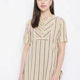 Ruhaans Beige & Grey Mandarin Collar Embroidered Cotton Tunic-image-39