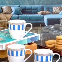 SONAKI White & Blue 6 Pieces Printed Bone China Glossy Mugs- 180 ML Each-13