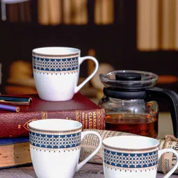 SONAKI 6 Pcs White & Blue Ethnic Motifs Printed Bone China Glossy Cups - 180 ML Each-image-52