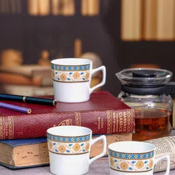 SONAKI 6 Pcs White & Blue Floral Printed Bone China Glossy Cups - 120 ML Each-31