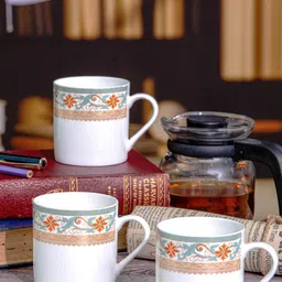 SONAKI White & Blue 6 Pieces Floral Printed Bone China Glossy Mugs- 210 ML Each-image-40