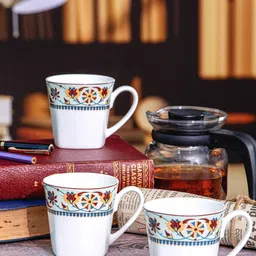 SONAKI 6 Pcs White & Blue Floral Printed Bone China Glossy Cups - 180 ML Each-42
