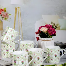 Aura White & Red 6 Pieces Floral Printed Bone China Glossy Mugs 220 ml Each-5