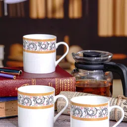SONAKI White & Brown 6 Pieces Floral Printed Bone China Glossy Coffee Mugs 210 ml-0