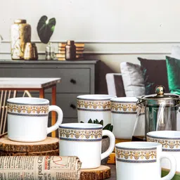 Cello 6 Pieces White & Yellow Printed Opalware Solitaire Glossy Coffee Mugs 180 ml Each-18