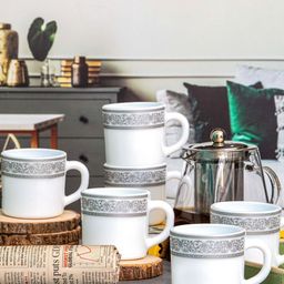 Cello 6 Pieces White & Grey Printed Opalware Solitaire Glossy Mugs - 180 ml Each-image-6