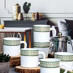 Cello 6 Pieces White & Green Printed Opalware Solitaire Glossy Coffee Mugs 180 ml Each-26