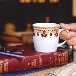 SONAKI White & Maroon 6 Pieces Ethnic Motifs Printed Bone China Glossy  Cups 200ml each image 3
