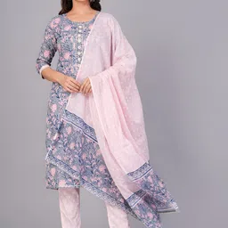 KALINI Floral Printed Gotta Patti Pure Cotton Kurta & Trousers With Dupatta-28