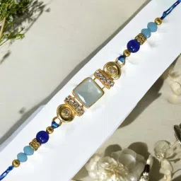 Bracelet Rakhi-2025 AD Stone -01 Assorted, Kundan, Mauli Thread, Gold Finish Rakhi, Chawal Roli Pack, Greeting Card Set-image-12