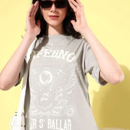 Women Printed Round Neck Cotton Blend Grey T-Shirt-image-34