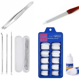 Artificial Gold Finger Empress Tips Fake Nails With 2 Glue Bottle with Nail Filer And Plucker + Blackhead 4 Pins Different-picture-10