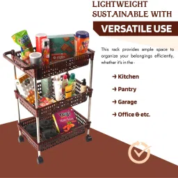 kuber industries Multipurpose 3-Shelf Storage Revolving Trolley Rack with Wheels|Brown Plastic Kitchen Trolley image 4