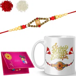 Designer Shree-Dora10-241_Rudra_S1 Gold Finish Rakhi, Chawal Roli Pack, Greeting Card, Mug Set-19