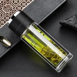 Double Wall Glass Tea Filter Quick Open Lid One-handed Snap Lock Green Tea Cup Glass Coffee Mug-1