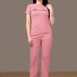 Women Top & Pyjama Set Pink Solid-image-18