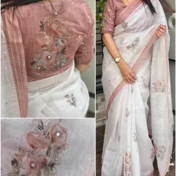 Digital Print Kantha Cotton Linen Saree-image-24
