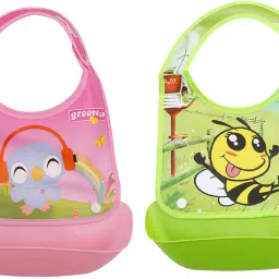Baby Feeding Silicone Bibs With PVC Back & Detachable Front Pocket Durable Apron-image-41