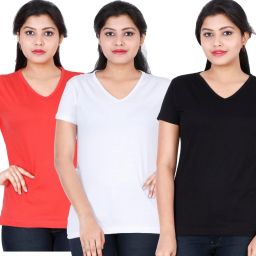 Pack of 3 Women Solid V Neck Cotton Blend Multicolor T-Shirt-image-96