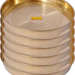 Pure Brass Dinner Plate / Thali Set For Pooja & Serving Purpose (Silver Touch Khomcha Design, 28 cm Each) - 6 Piece Dinner Plate-image-19