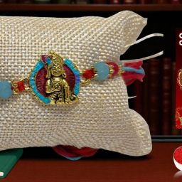 Religious Ladoo Gopal Metal Rakhi Greeting n Roli Gold Finish Rakhi Set-image-35