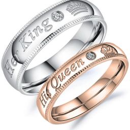 VIEN, couple finger ring Her King And His Queen Crown Adjustable Stainless Steel Cubic Zirconia Silver, Copper Plated Ring Set-image-47