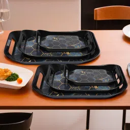 Plastic Nested Hexagon Serving Tray Set for Kitchen-Dining Room|Set of 6|Black Tray-3