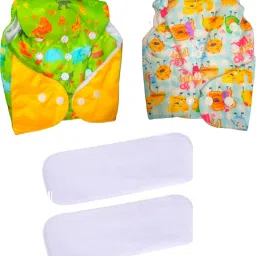 Printed Reusable Washable Baby 2 Cloth Diaper with 2 Charcoal Bamboo Insert (Sky Blue and Yellow) For 0-36 Months Baby - S - M (4 Pieces)-16