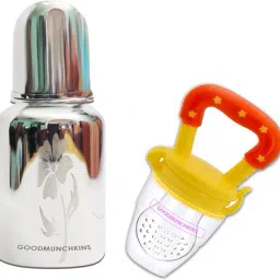 Stainless Steel Feeding Bottle 150 ml -304 Steel Join Less with Silicon Fruit Nibbler/Feeder Green BPA Free for Infants 1 Bottle + 1 Fruit Feeder Yellow - 150 ml-image-1