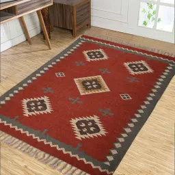 baithak krafts Maroon Wool & Jute Abstract 108 x 72 Inches Hand Woven Dhurries-picture-46