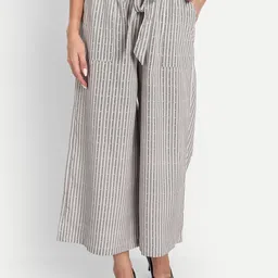 D 'VESH Women White Striped Loose Fit Reversible Trousers-image-42