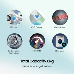 samsung 8 kg with Steam ,Wi-Fi Enabled Fully Automatic Front Load with In-built Heater Black image 2