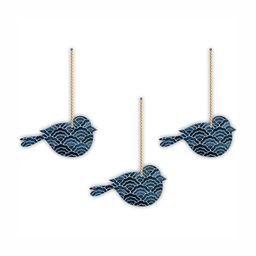 CVANU Blue & White 3 Pieces Geometric Painted Bird Shape Wooden Wall Hangings-picture-23