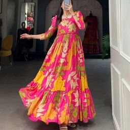 Women Gown Pink, Yellow Maxi/Full Length Dress-image-70