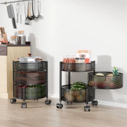 kuber industries Pack of 2 Kitchen 2+1 Layer Metal Storage Rack with Wheels | Round Shape - Black Iron Kitchen Trolley-picture-46