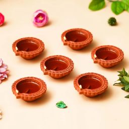 Set of 6 Decorative Clay Diyas Deepam Oil Lamps, Mitti Diya for Diwali Pottery (Pack of 6) Table Diya-image-0