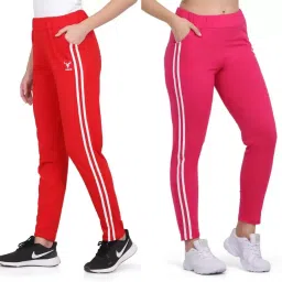 Pack of 2 Women Striped Red, Pink Track Pants-image-93
