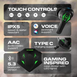 wings Ear Earbuds with LED Battery Indiacator 50ms Low Latency 40Hrs Playtime Bluetooth without Mic Headset image 3