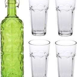 Bottle & 4 Glass Serving Lemon Set, Green, Clear, Glass - A316 Jug Glass Set-image-38