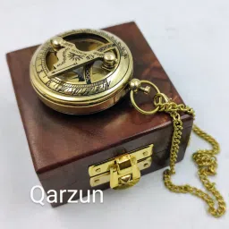 ascent india Brass mini sundial compass chain wood box push button compass Compass image 4
