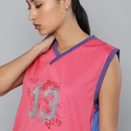 Women Colorblock V Neck Polyester Pink T-Shirt-image-40