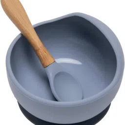 Baby Feeding Bowl and Spoon Set, Silicone Suction Base and Wooden Spoon - Silicone-image-6