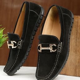 teakwood leathers Men's Black Suede Leather Loafers With Golden Buckle Loafers For Men-picture-4