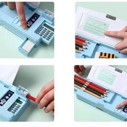 SWOPPERRY Double Layer Multifunctional Large-Capacity Plastic Compass Box (Sky Travel Astronaut) with Built-in Calculator - Stationery Organizer for Kids & Students, Blue image 3